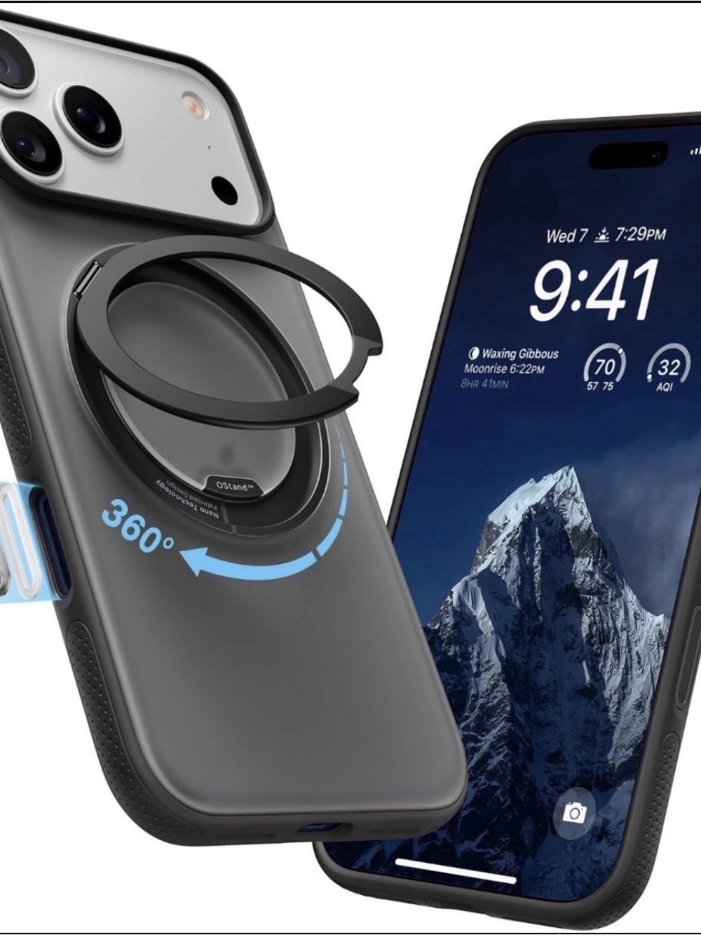 Universal 360° Rotating Ring iPhone 17 Pro Case with Kickstand - Black